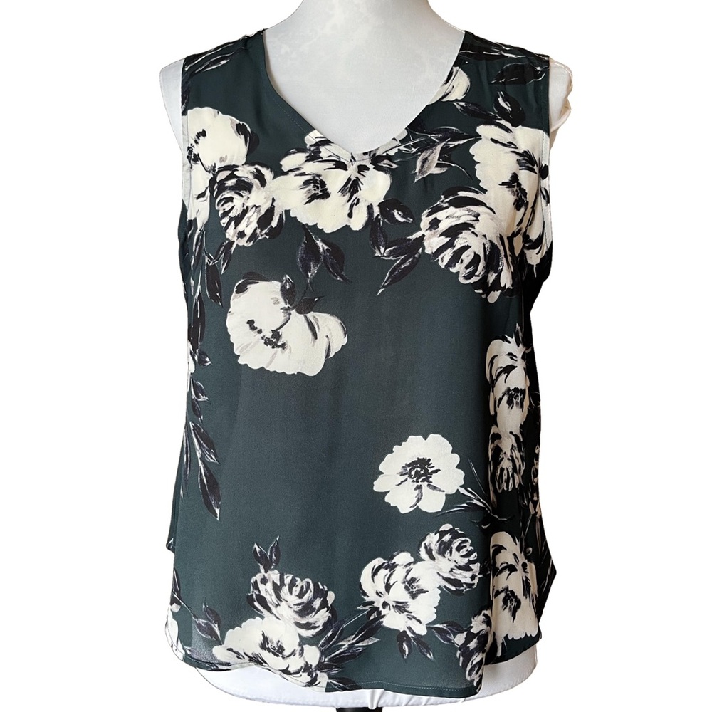 DKNY Hunter Green Floral V-neck Sleeveless Top | Petite Medium